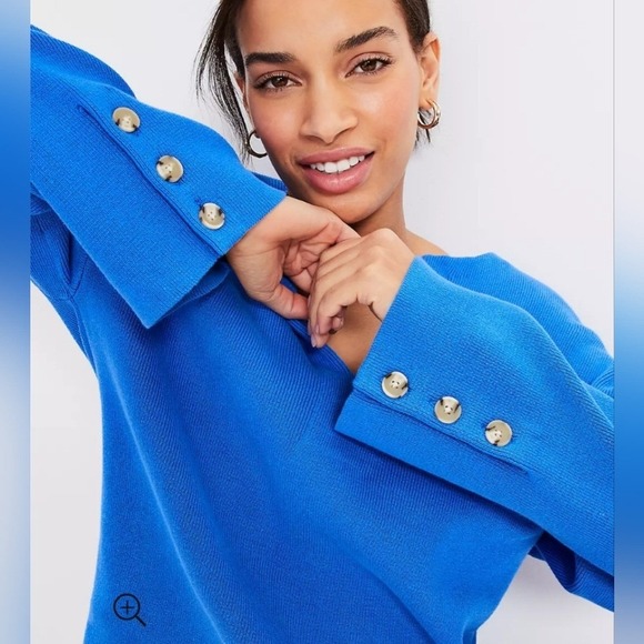 Loft Bright Isle Blue Button Cuff V-Neck Knit‎ Sweater Classic Pullovere - Picture 5 of 10